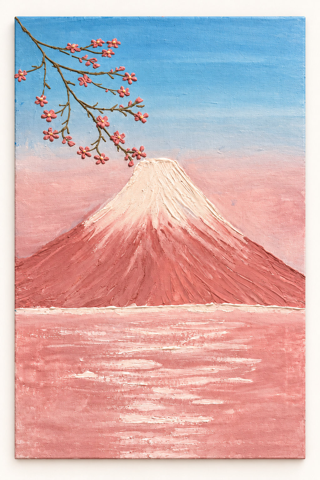 Mount Fuji painting with cherry blossoms and textured landscape